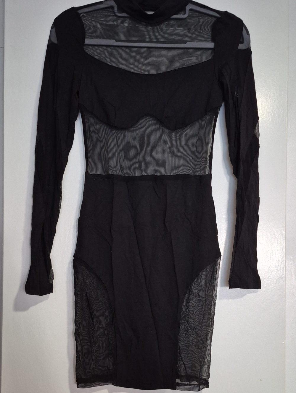 SHEIN Black Long Sleeve Sheer Panel Bodycon Dress